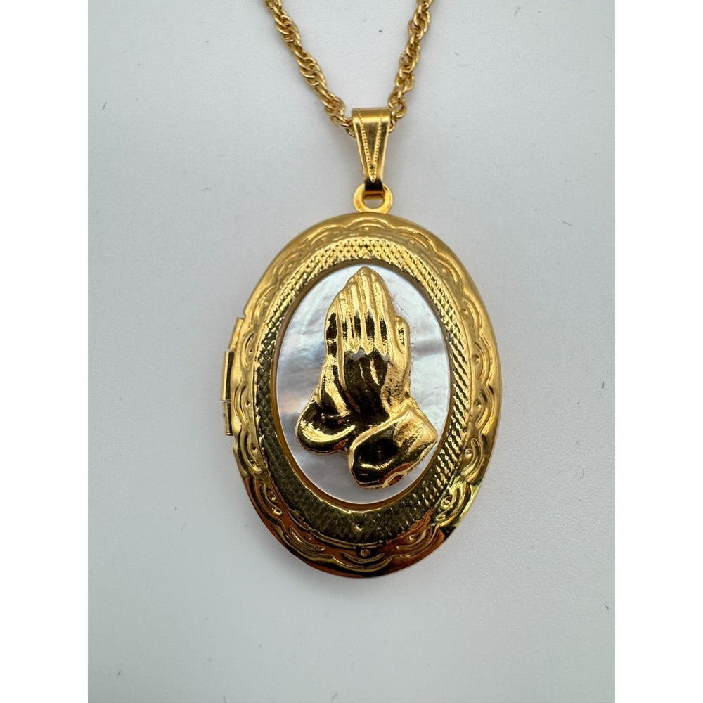 Vintage Locket Necklace Gold Tone Oval  Mother of Pearl Praying Hands Religious